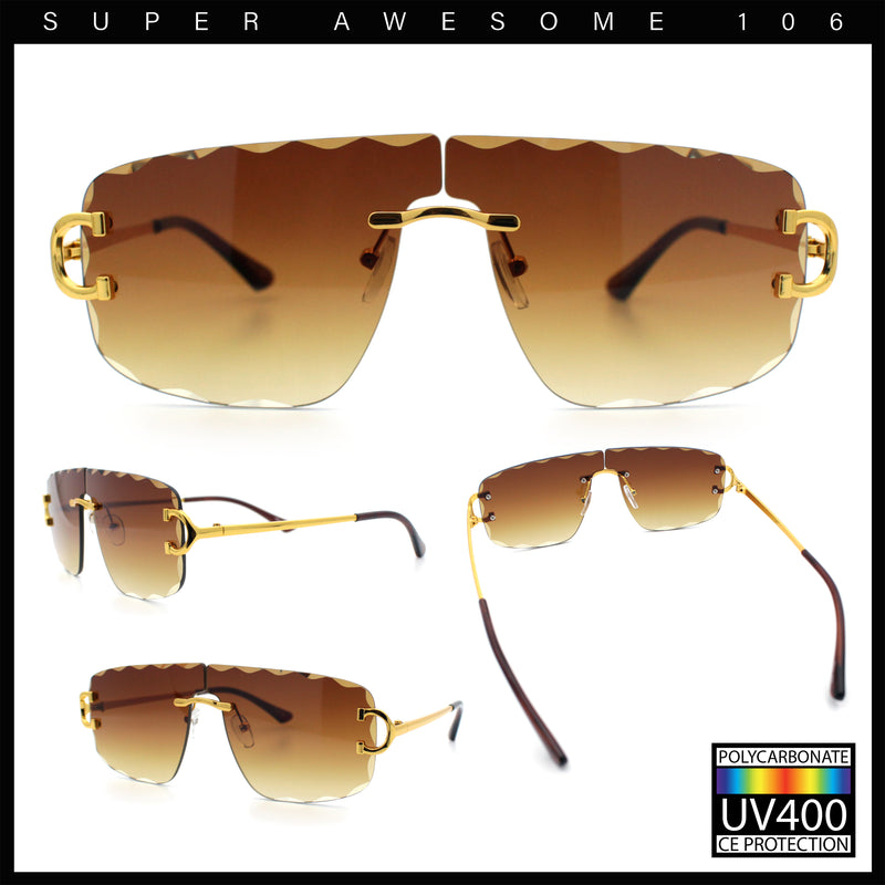 Large Luxury Petal Bevel Rimless Curved Top Gangster Shade Sunglasses