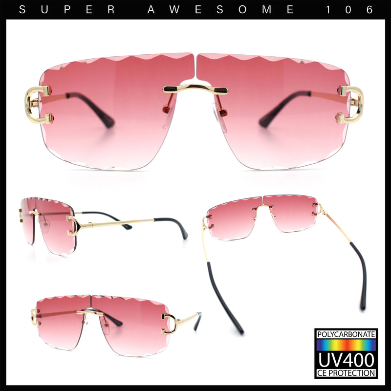 Large Luxury Petal Bevel Rimless Curved Top Gangster Shade Sunglasses