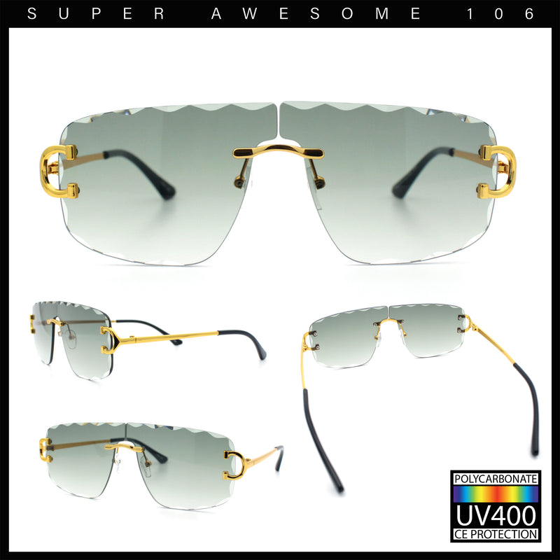 Large Luxury Petal Bevel Rimless Curved Top Gangster Shade Sunglasses