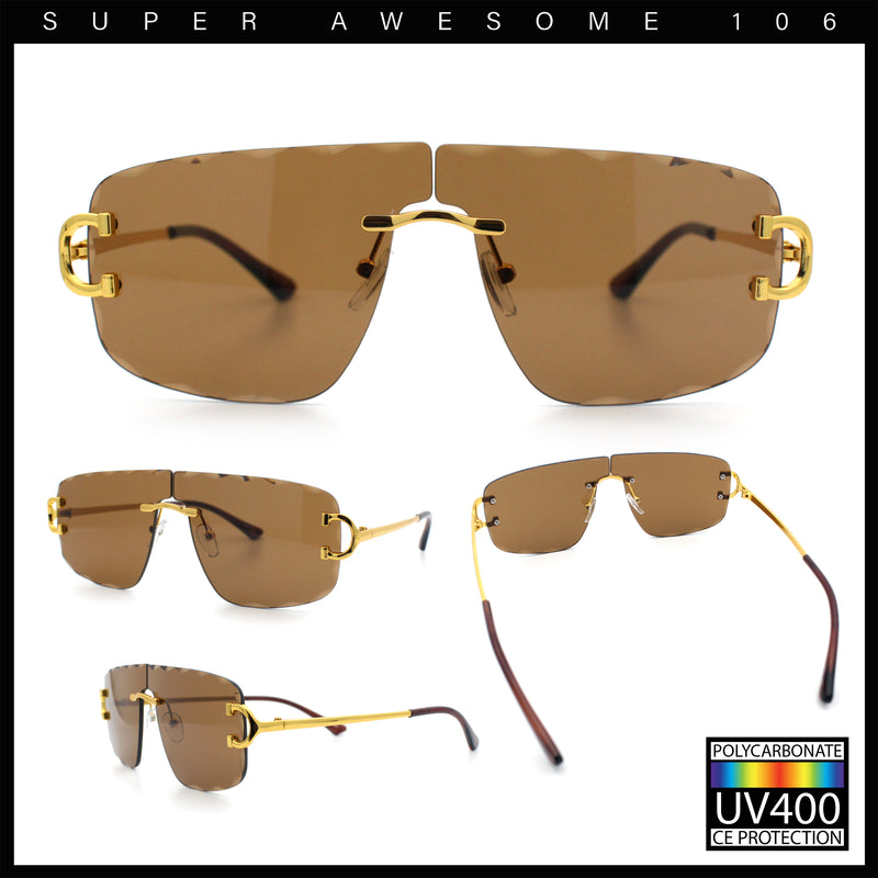 Large Luxury Petal Bevel Rimless Curved Top Gangster Shade Sunglasses