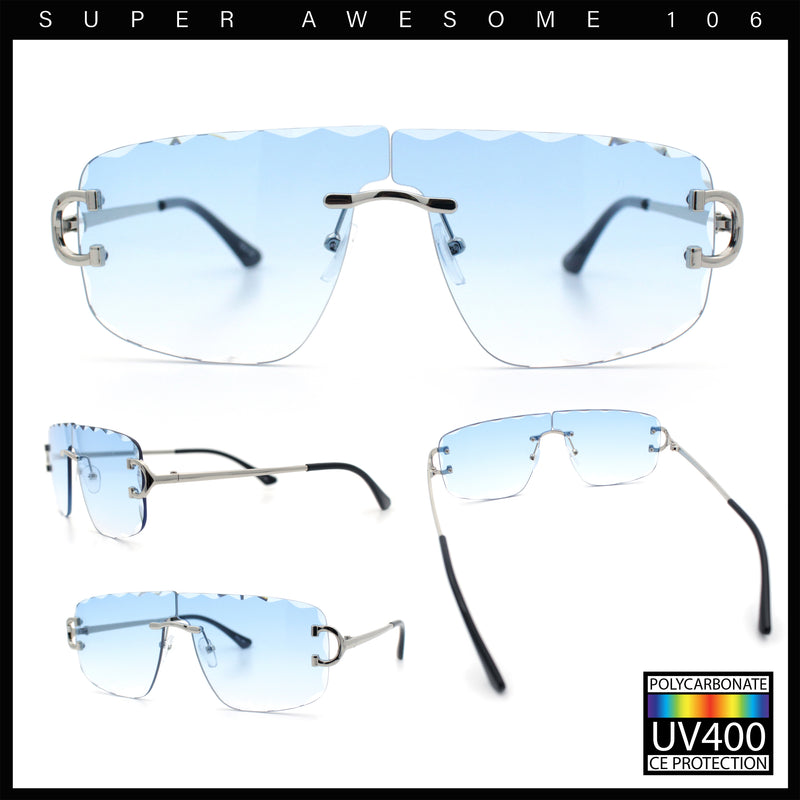 Large Luxury Petal Bevel Rimless Curved Top Gangster Shade Sunglasses