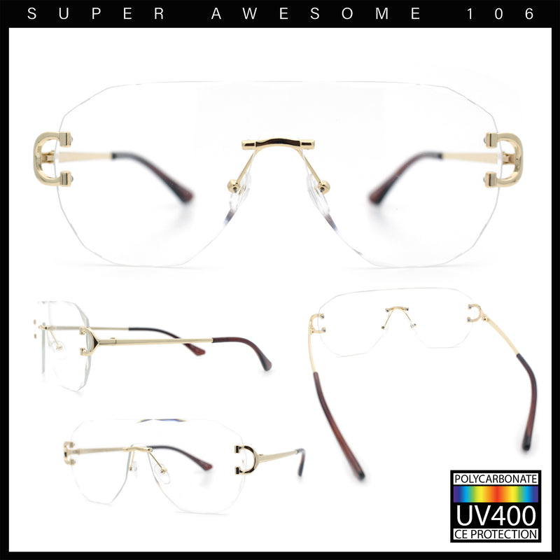 Oversize Luxury Hip Hop Gangster Swagger Rimless Racer Shield Eyeglasses