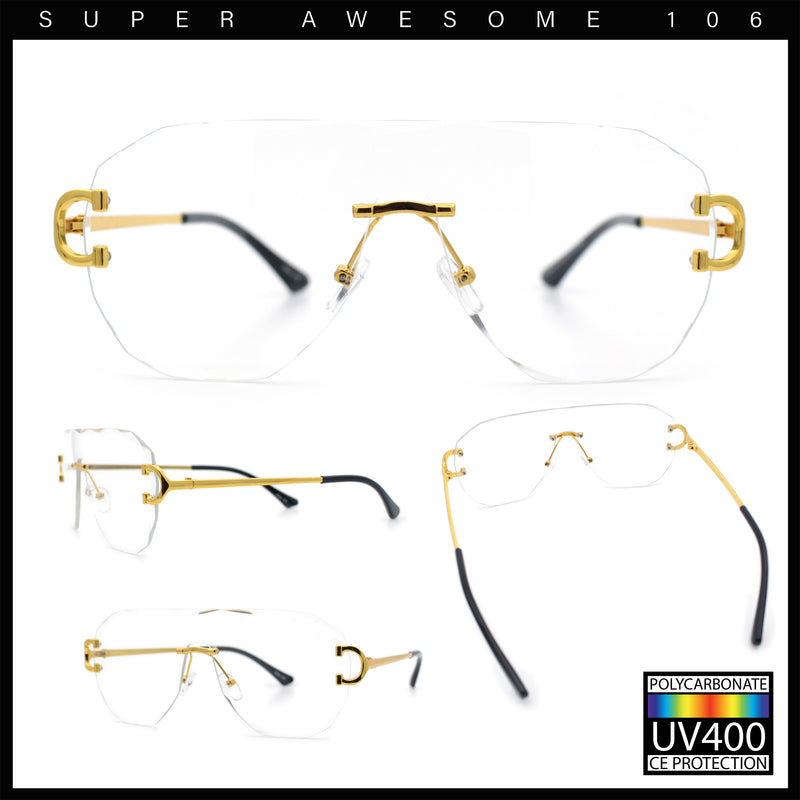 Oversize Luxury Hip Hop Gangster Swagger Rimless Racer Shield Eyeglasses