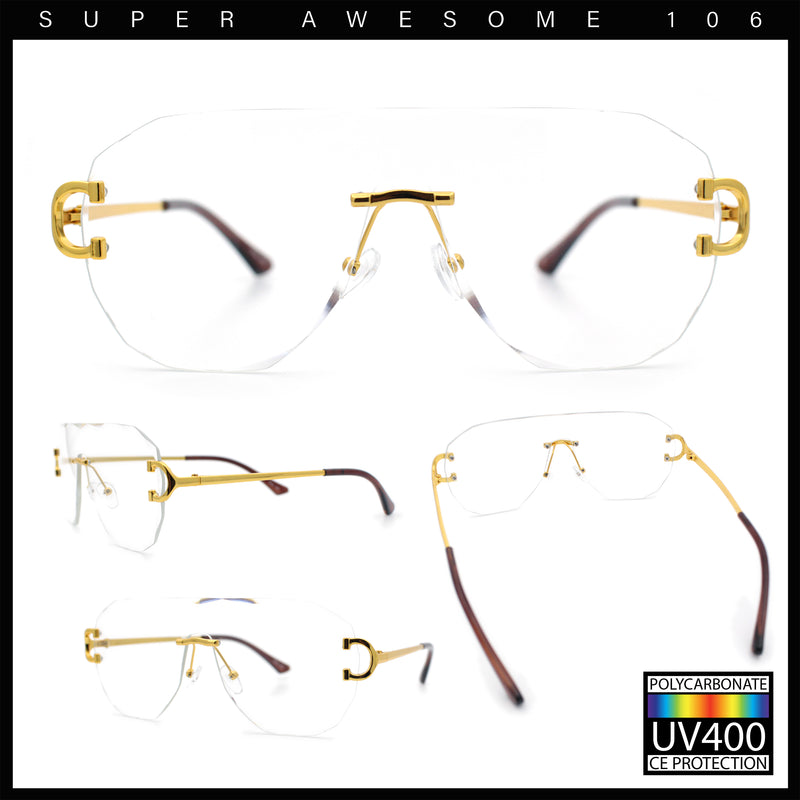 Oversize Luxury Hip Hop Gangster Swagger Rimless Racer Shield Eyeglasses
