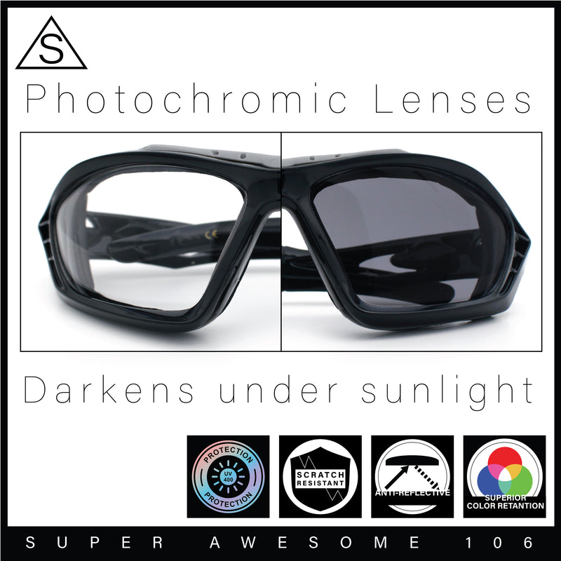 Choppers Clear - Dark Photochromic Lens Mens Foam Padded Wrap Biker Sunglasses