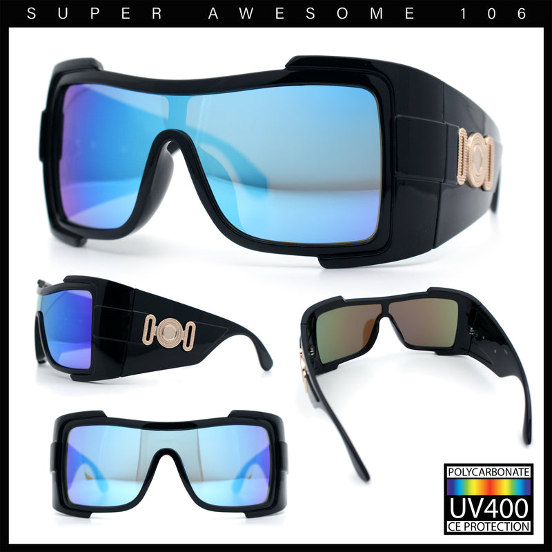 Super Loud Showy XL Oversized Thick Temple Wrap Shield Plastic Sunglasses