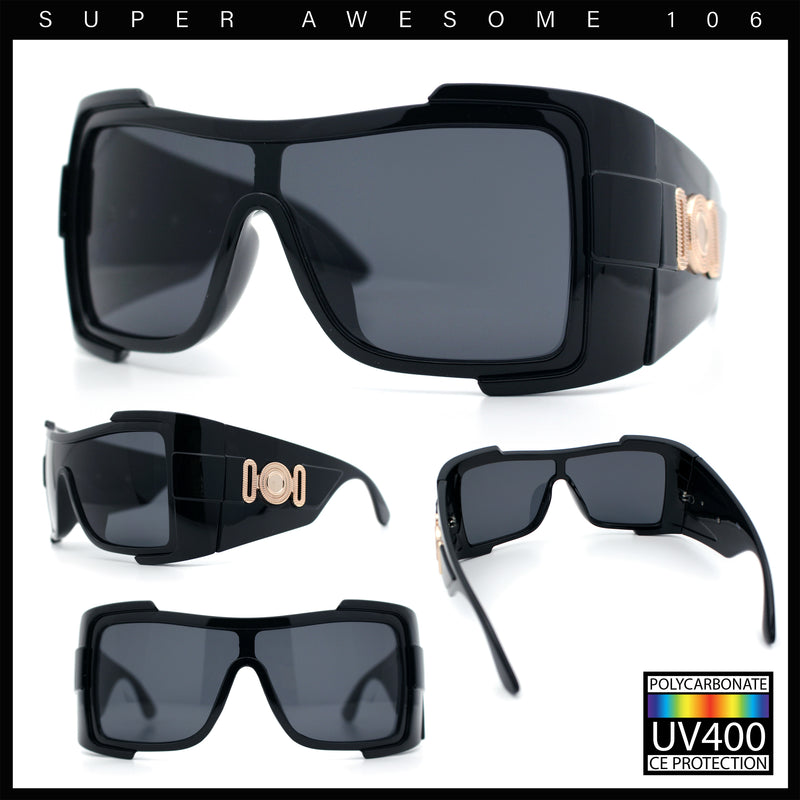 Super Loud Showy XL Oversized Thick Temple Wrap Shield Plastic Sunglasses