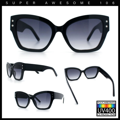 Womens Star Stud Thick Temple Plastic Horned Cat Eye Fashion Sunglasses