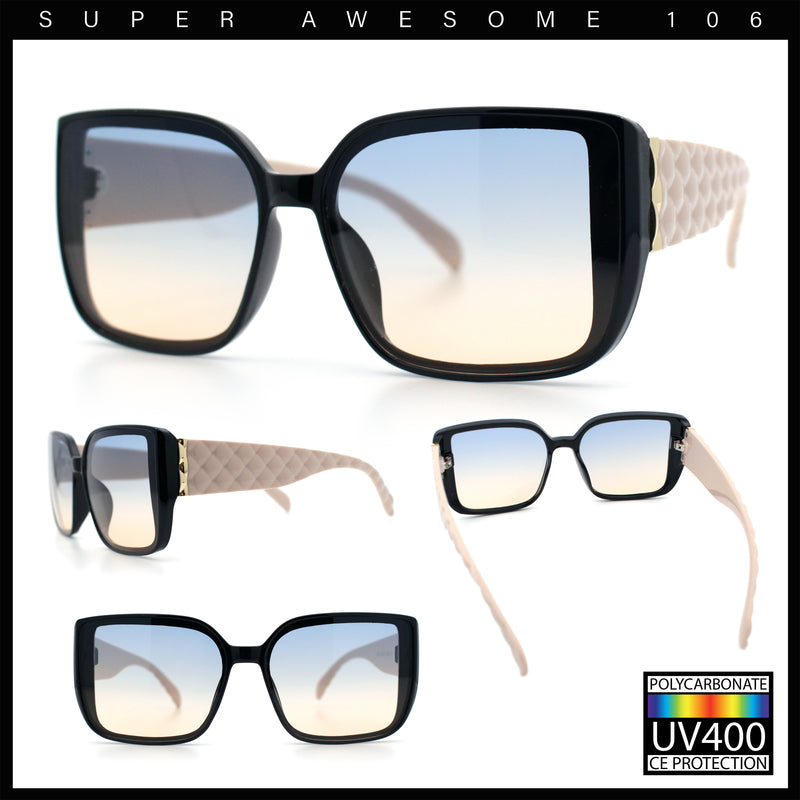 Womens Rectangle Designer Diamond Pleat Embossed Arm Plastic Fashion Sunglasses