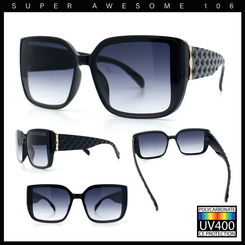 Womens Rectangle Designer Diamond Pleat Embossed Arm Plastic Fashion Sunglasses