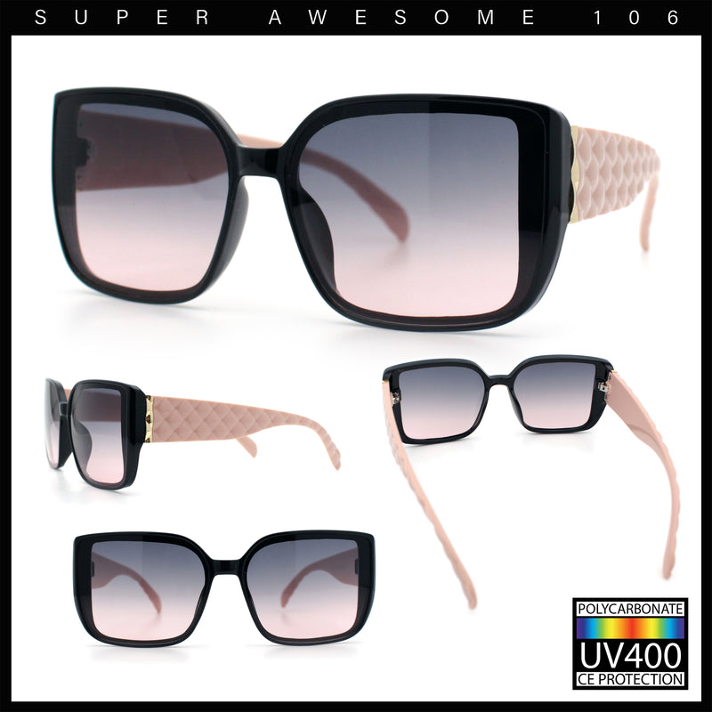 Womens Rectangle Designer Diamond Pleat Embossed Arm Plastic Fashion Sunglasses