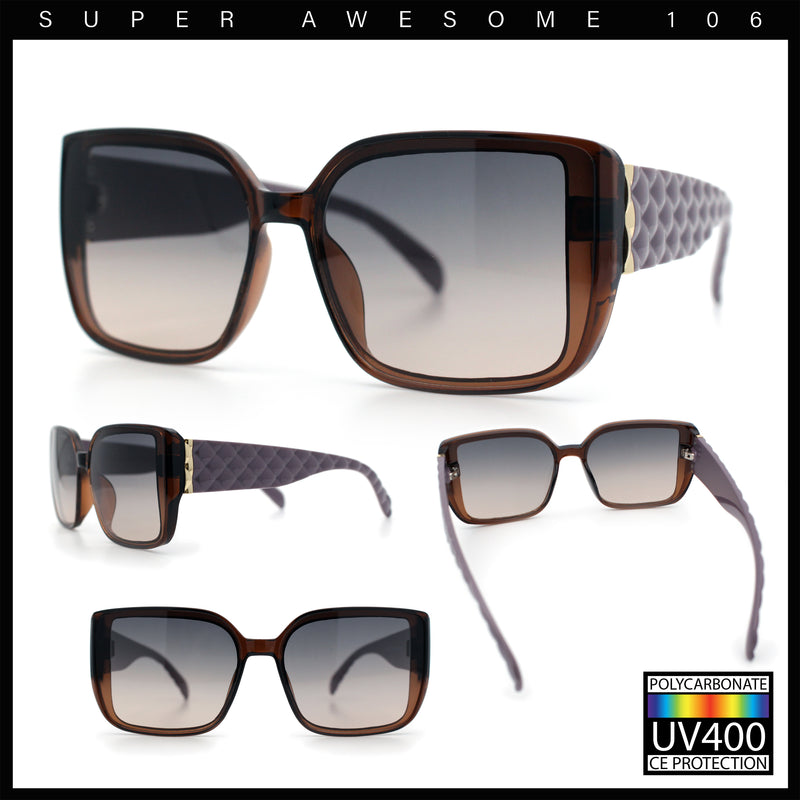 Womens Rectangle Designer Diamond Pleat Embossed Arm Plastic Fashion Sunglasses