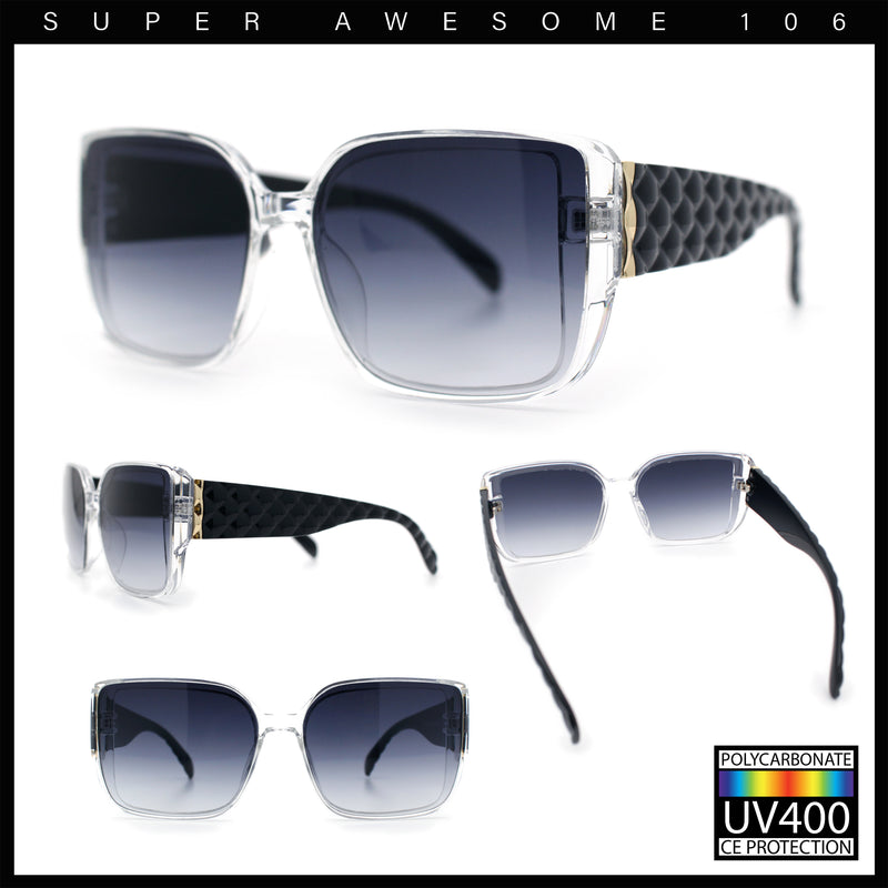 Womens Rectangle Designer Diamond Pleat Embossed Arm Plastic Fashion Sunglasses
