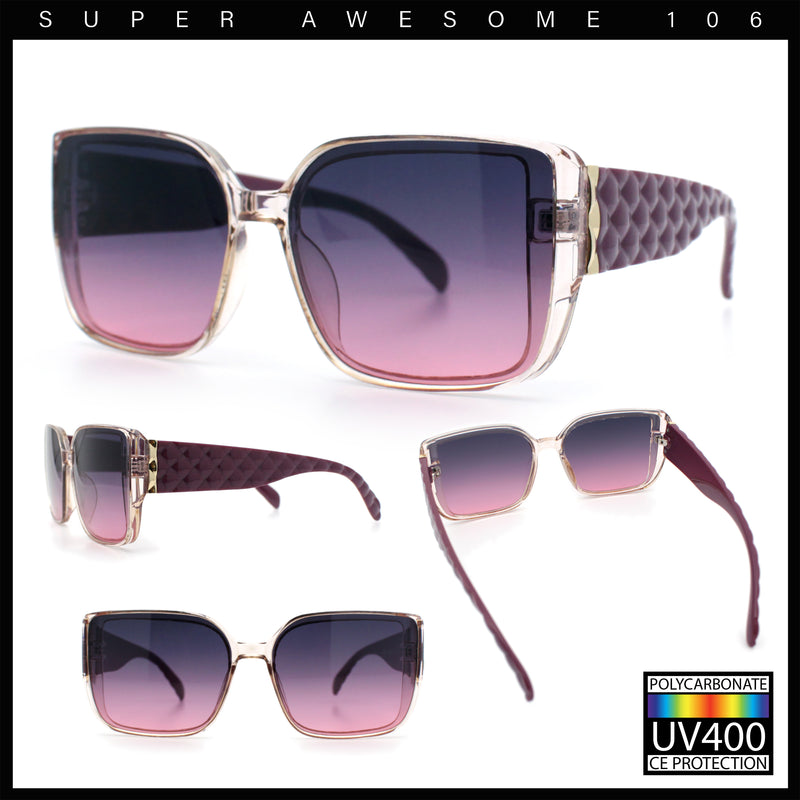 Womens Rectangle Designer Diamond Pleat Embossed Arm Plastic Fashion Sunglasses