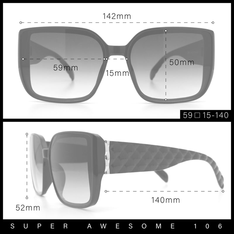 Womens Rectangle Designer Diamond Pleat Embossed Arm Plastic Fashion Sunglasses