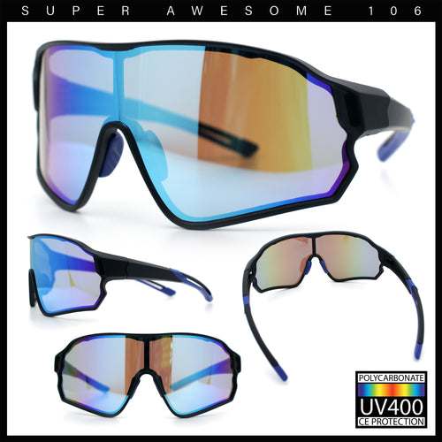 Classic Y2K Oversized Sport Shield Plastic Colored Mirror Mens Wrap Sunglasses