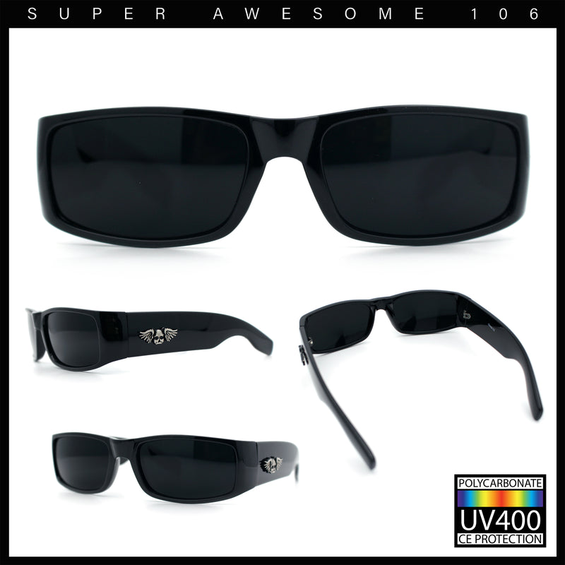 Mens Winged Skull Emblem Mad Dog Narrow Rectangle Hardcore Manly Sunglasses