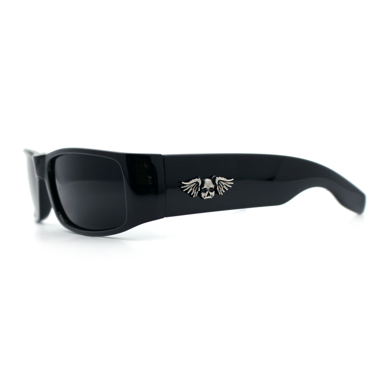 Mens Winged Skull Emblem Mad Dog Narrow Rectangle Hardcore Manly Sunglasses