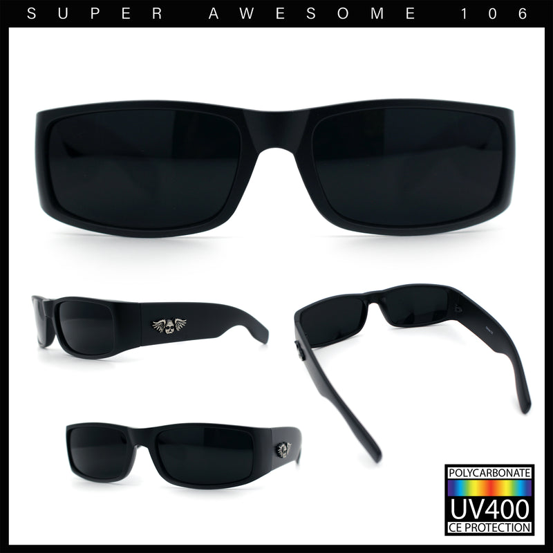 Mens Winged Skull Emblem Mad Dog Narrow Rectangle Hardcore Manly Sunglasses