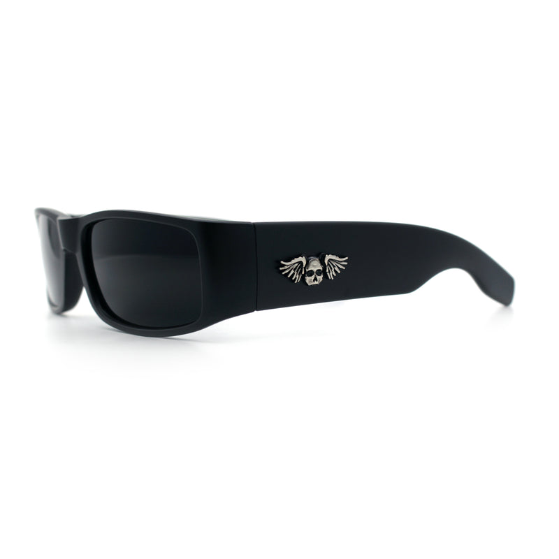 Mens Winged Skull Emblem Mad Dog Narrow Rectangle Hardcore Manly Sunglasses