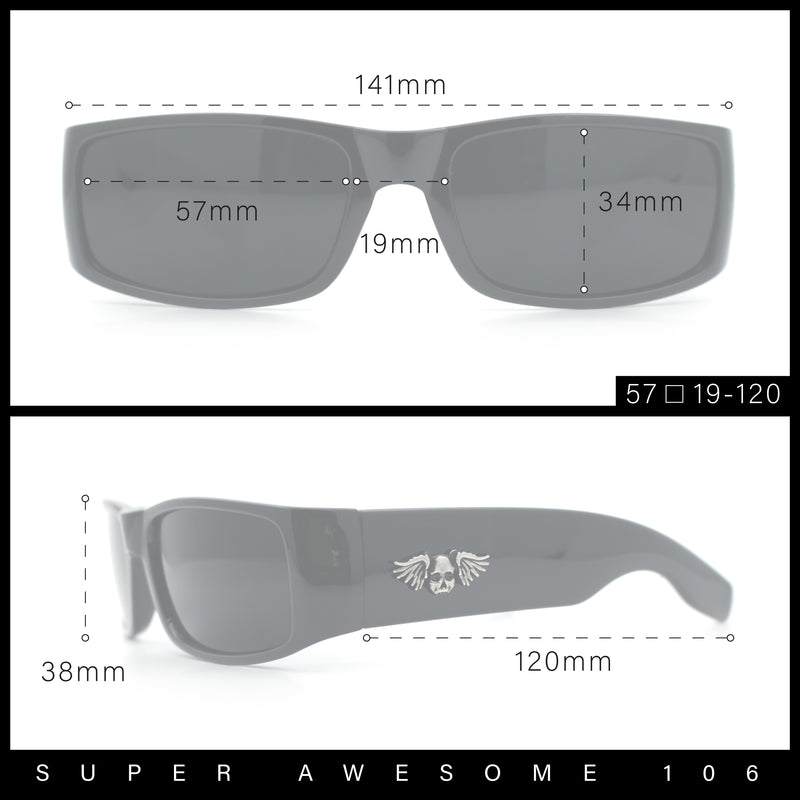 Mens Winged Skull Emblem Mad Dog Narrow Rectangle Hardcore Manly Sunglasses