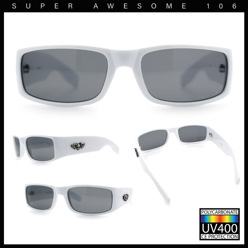 Mens Winged Skull Emblem Mad Dog Narrow Rectangle Hardcore Manly Sunglasses
