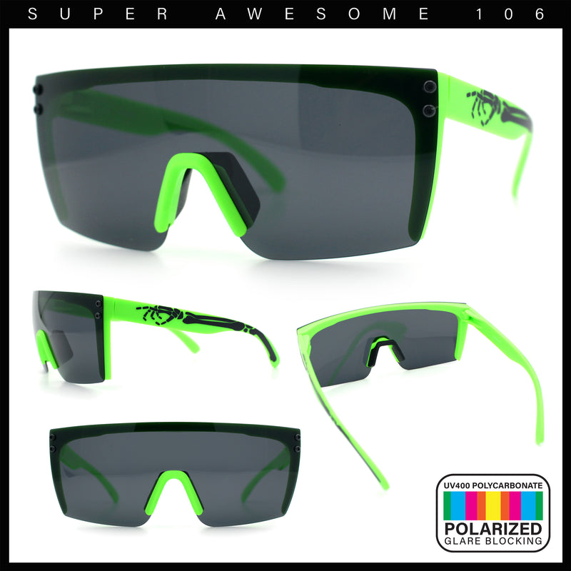 Polarized 80s Mens Flat Top Bold Shield Lens Rimless Skeleton Arm Sunglasses