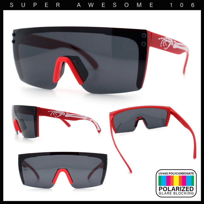 Polarized 80s Mens Flat Top Bold Shield Lens Rimless Skeleton Arm Sunglasses