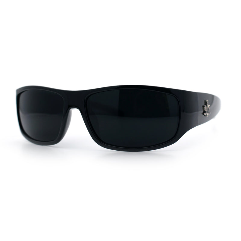 Mens Marijuana Pot Leaf Emblem Hoodlum Rectangle Super Dark Limo All Black Sunglasses