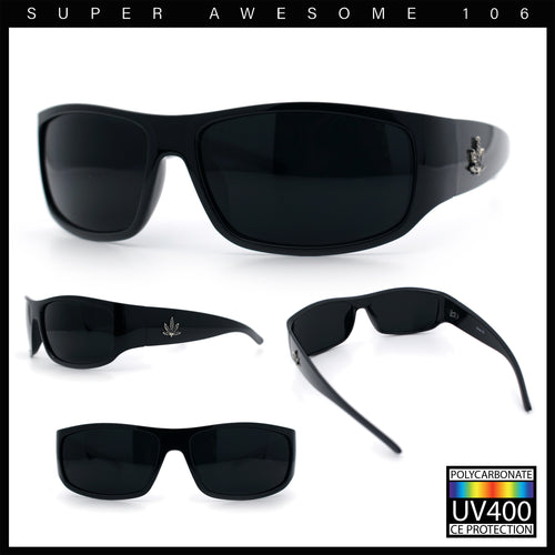 Mens Marijuana Pot Leaf Emblem Hoodlum Rectangle Super Dark Limo All Black Sunglasses