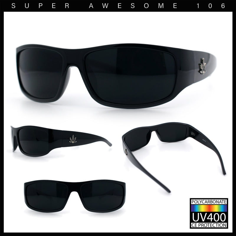 Mens Marijuana Pot Leaf Emblem Hoodlum Rectangle Super Dark Limo All Black Sunglasses