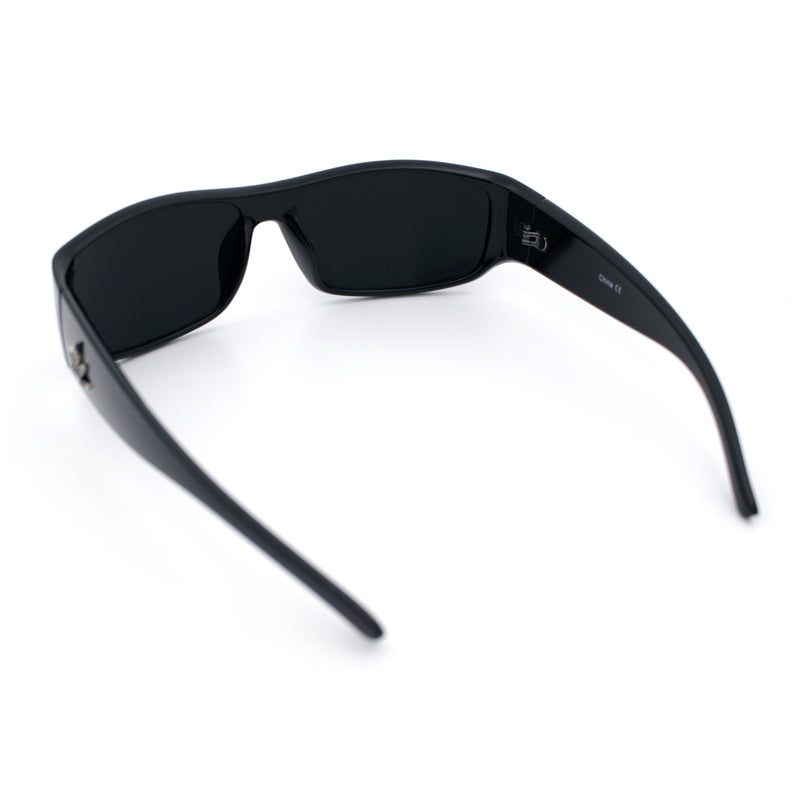 Mens Marijuana Pot Leaf Emblem Hoodlum Rectangle Super Dark Limo All Black Sunglasses