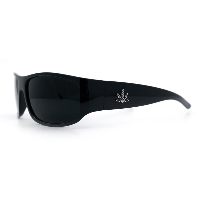 Mens Marijuana Pot Leaf Emblem Hoodlum Rectangle Super Dark Limo All Black Sunglasses
