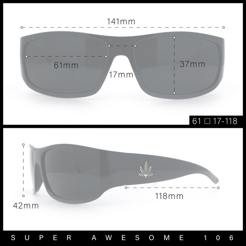Mens Marijuana Pot Leaf Emblem Hoodlum Rectangle Super Dark Limo All Black Sunglasses