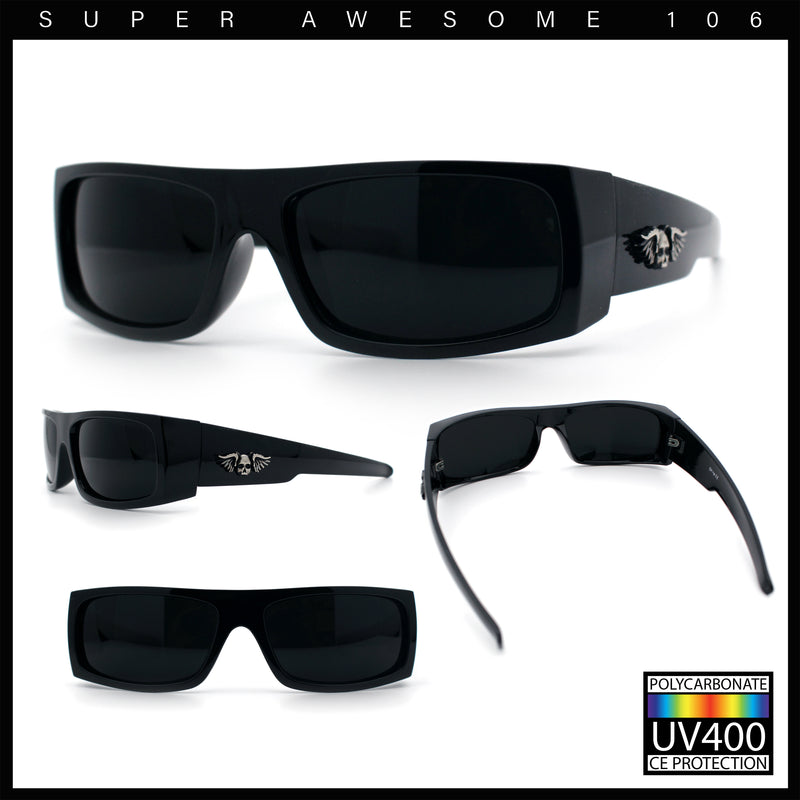 Mens Skull Wing Squared Narrow Rectangle 90s Mad Dog Biker Shade Sunglasses