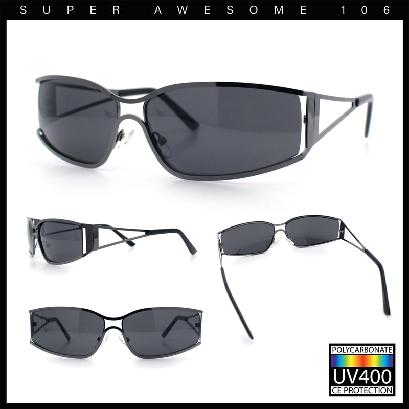 90s Styling Retro Fashion Wrap Around Metal Rim Rectangular Sunglasses