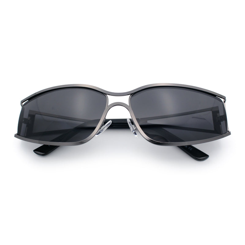 90s Styling Retro Fashion Wrap Around Metal Rim Rectangular Sunglasses