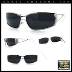 90s Styling Retro Fashion Wrap Around Metal Rim Rectangular Sunglasses