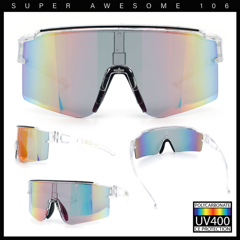 Color Mirror Lens Oversized Half Rim Sport Rectangle Monoblock Shield Plastic Sunglasses