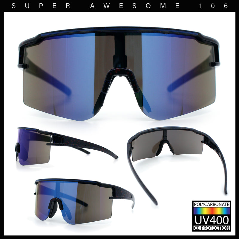 Color Mirror Lens Oversized Half Rim Sport Rectangle Monoblock Shield Plastic Sunglasses