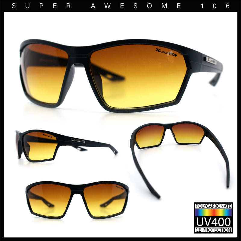 Xloop Mens HD+ Night Driving Amber Lens Wrap Around Sport Plastic Sunglasses