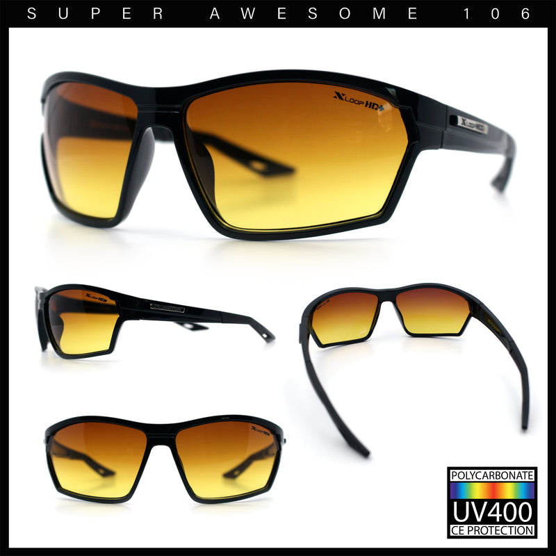Xloop Mens HD+ Night Driving Amber Lens Wrap Around Sport Plastic Sunglasses