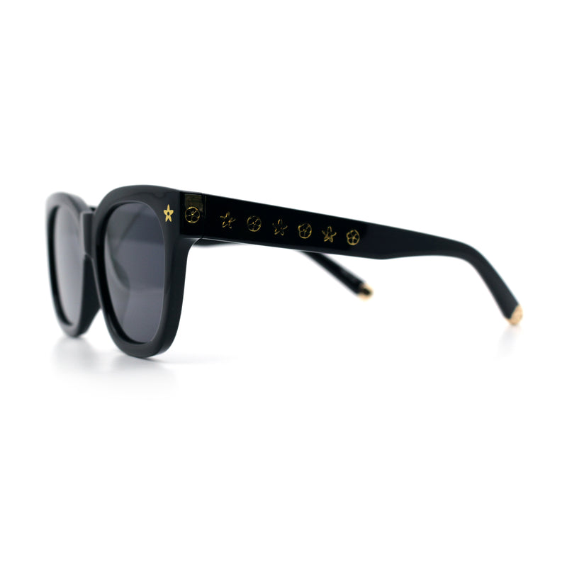 Womens Floral Star Metal Stud Jewel Arm Boyfriend Horn Rim Rectangle Sunglasses