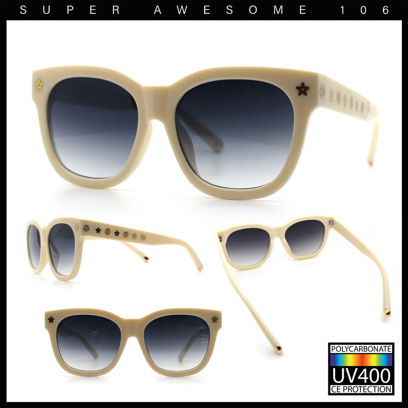 Womens Floral Star Metal Stud Jewel Arm Boyfriend Horn Rim Rectangle Sunglasses