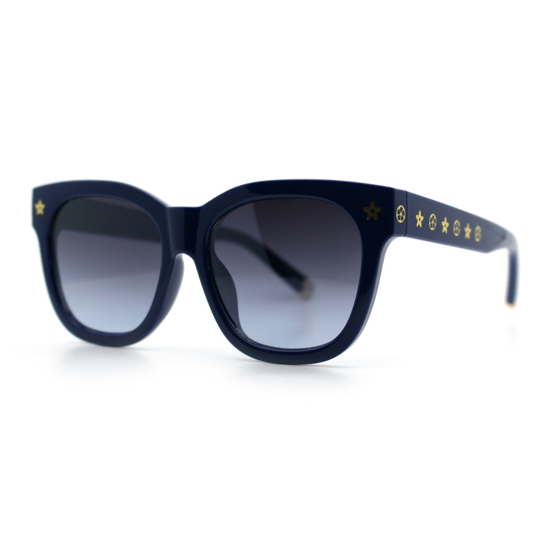 Womens Floral Star Metal Stud Jewel Arm Boyfriend Horn Rim Rectangle Sunglasses