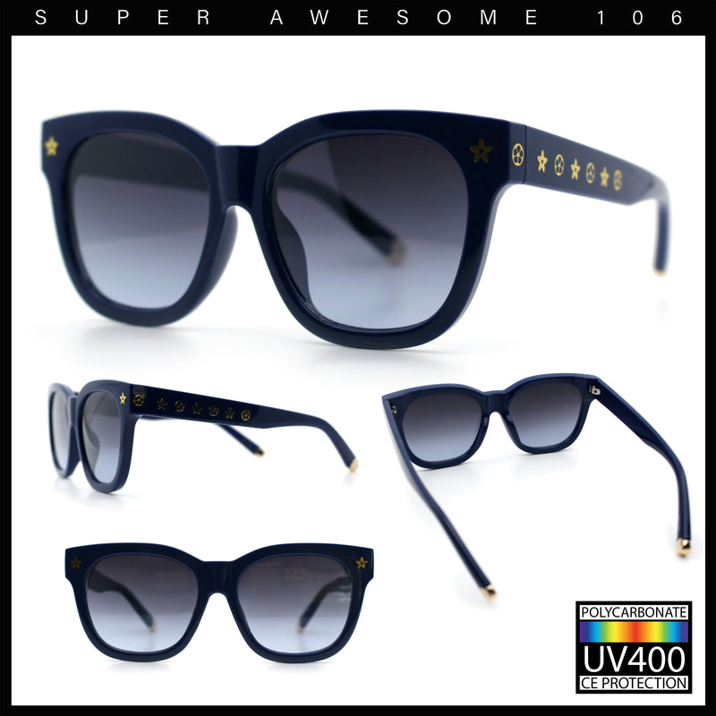 Womens Floral Star Metal Stud Jewel Arm Boyfriend Horn Rim Rectangle Sunglasses