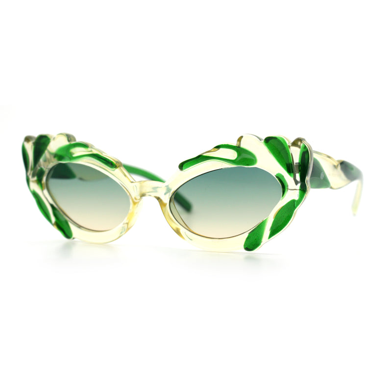 Womens Floral Thick Plastic Foliage Oval Retro Fashion Plastic Sunglasses