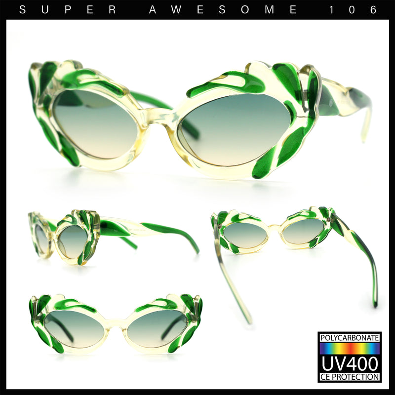 Womens Floral Thick Plastic Foliage Oval Retro Fashion Plastic Sunglasses