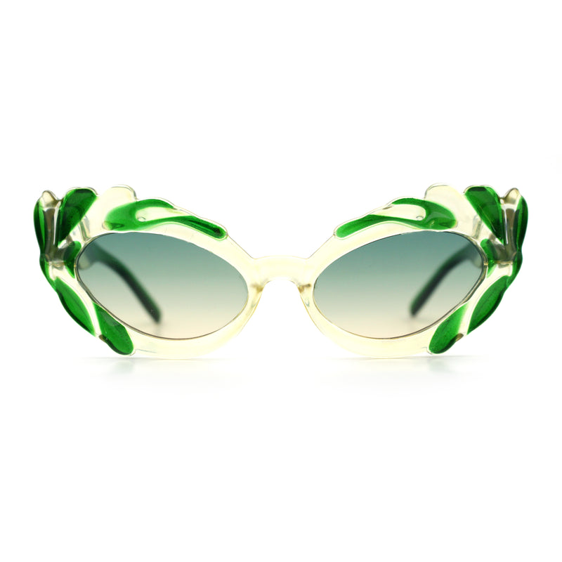 Womens Floral Thick Plastic Foliage Oval Retro Fashion Plastic Sunglasses