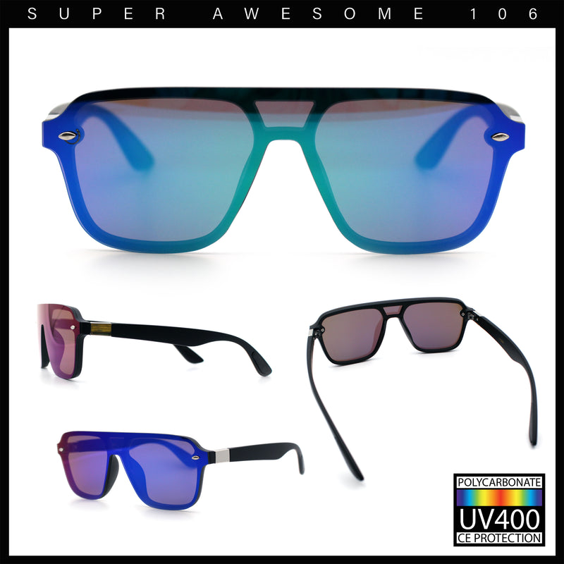 Color Mirror Shield Flat Top Racer Rimless Horn Rim Plastic Sunglasses